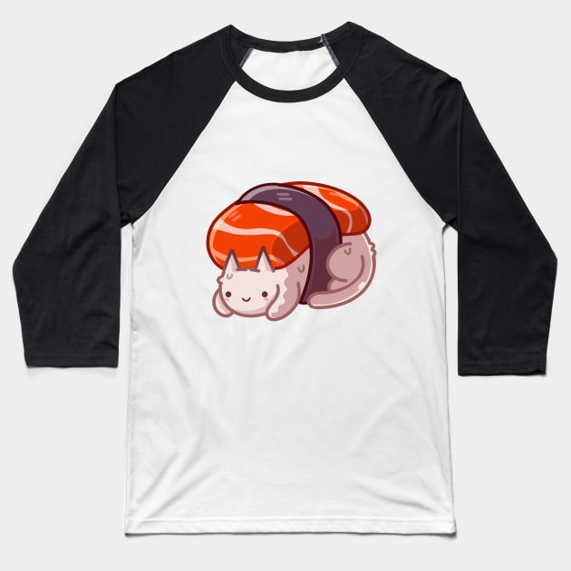 Salmon Nigiri Cat Baseball T-Shirt by Claire Lin